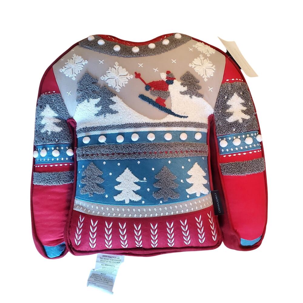 Cynthia Rowley Sweater Shaped Ski Theme Throw Pillow Red Ski House Winter